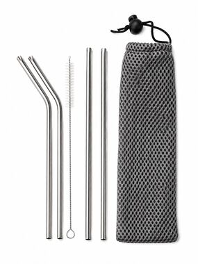 6PC Reusable Stainless Steel Straws Set Eco Friendly Kit + Mesh Travel Bag